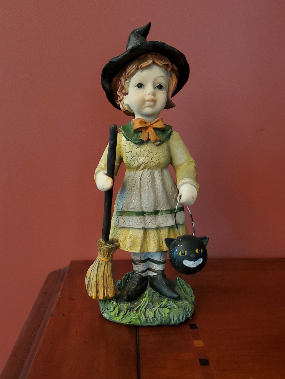 Halloween Yellow Witch Girl Figurine with Black Cat Candy Bucket